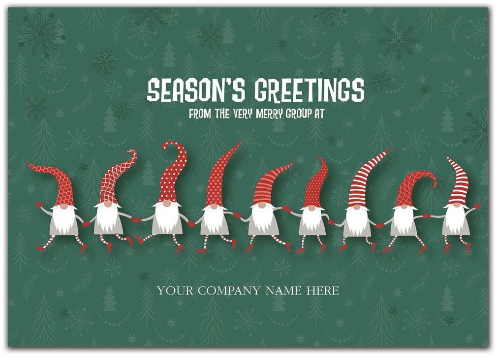 Custom Printed Holiday Cards with Nine Elves on Green Background