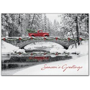 Customized Business Holiday Cards with Red Vintage Truck on Bridge