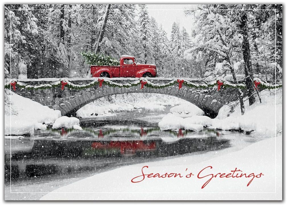 Customized Business Holiday Cards with Red Vintage Truck on Bridge