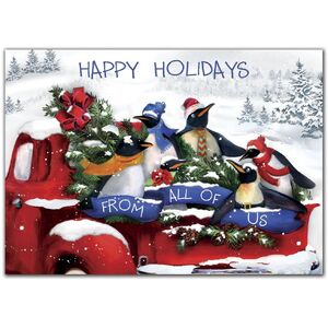 Custom Business Holiday Cards with Penguins on Red Vintage Truck