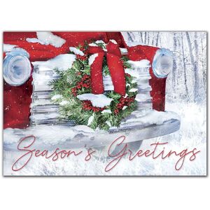 Custom Business Holiday Cards with a Wreath on the Hood of a Red Car