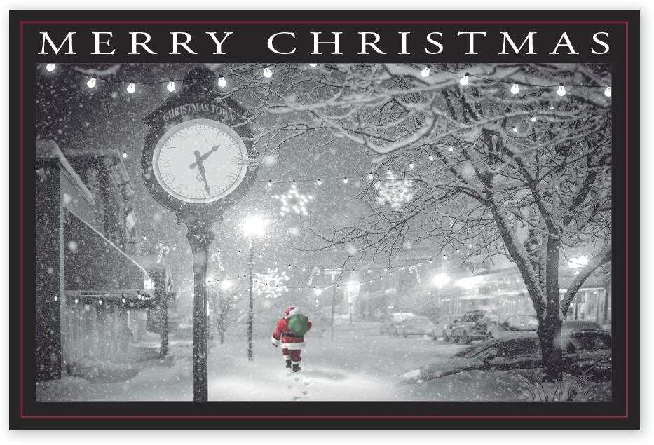 Custom Christmas Postcards with Santa Walking in a Snowy Street