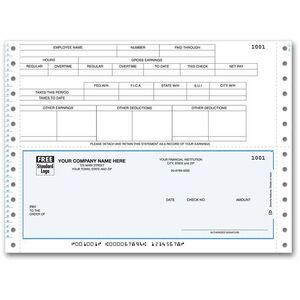 Continuous payroll check with top lined stub including place for city, state, and federal taxes