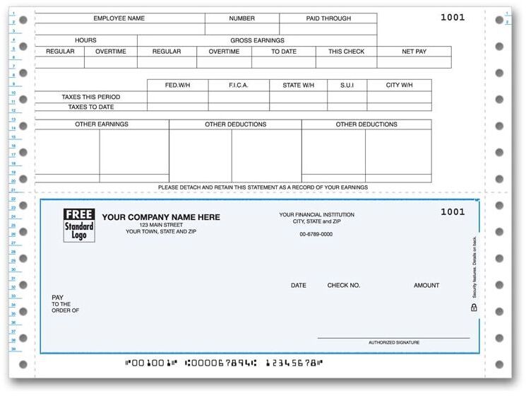 Continuous payroll check with top lined stub including place for city, state, and federal taxes