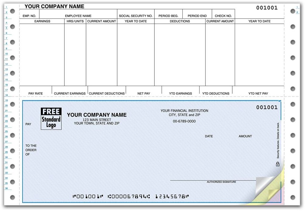 Hourly Payroll Check for Dot Matrix Printers