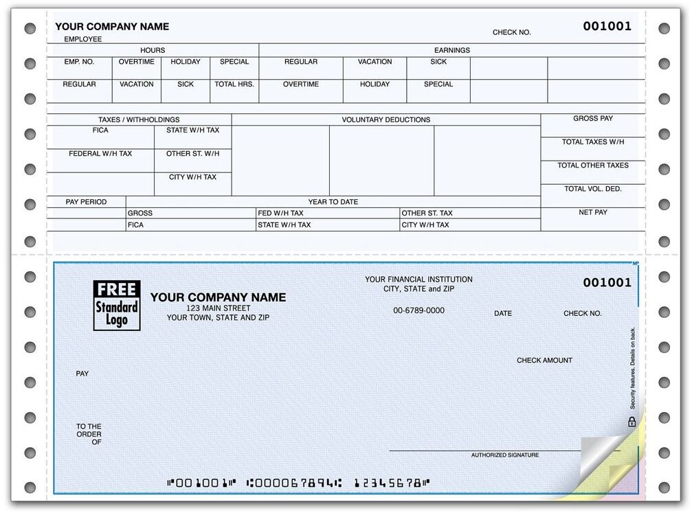 Continuous Feed Payroll Checks with Vacation/Sick/Holiday/Overtime Pay