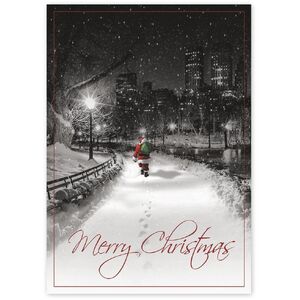 Merry Christmas greeting cards with Santa on a snowy trail walking towards city