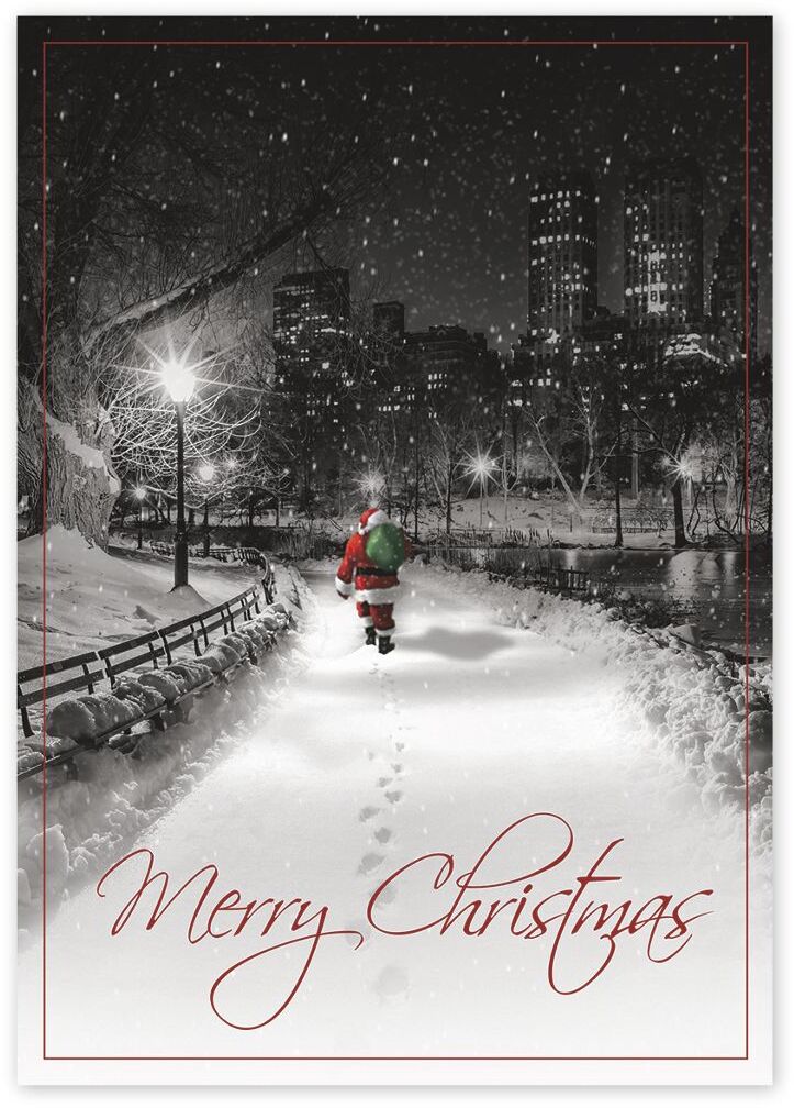 Merry Christmas greeting cards with Santa on a snowy trail walking towards city