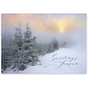 Custom business greeting cards with sunrise above snowy forest