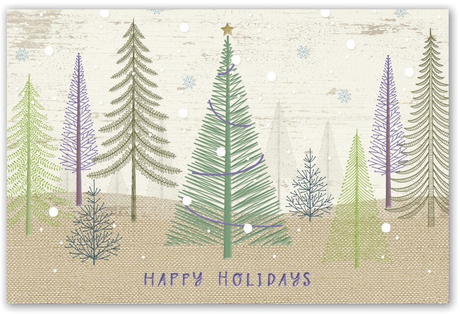 Pastel Color Holiday Postcards with Christmas Tree Forest