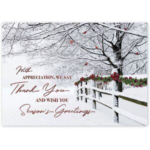 Custom Business Holiday Greeting Cards - Snow-Covered Fence with Thank You