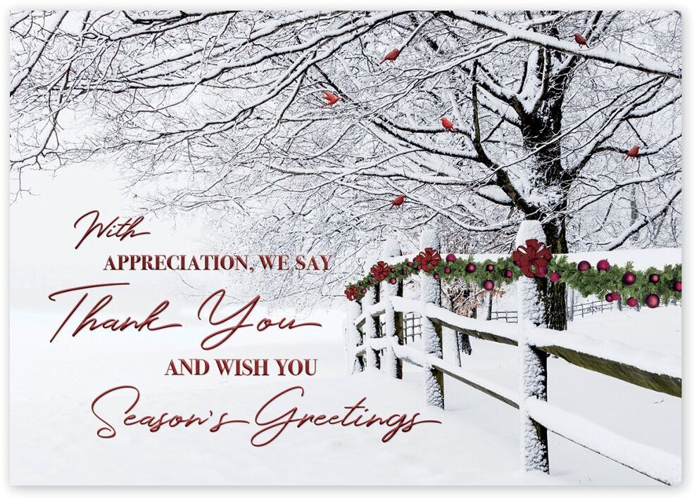 Custom Business Holiday Greeting Cards - Snow-Covered Fence with Thank You