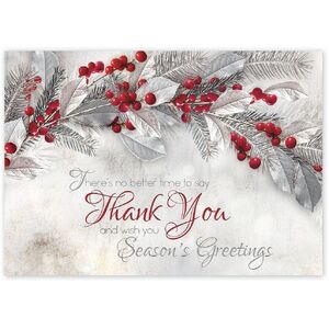 Custom Business Thank You Holiday Cards - Red Berries and Silver Accents