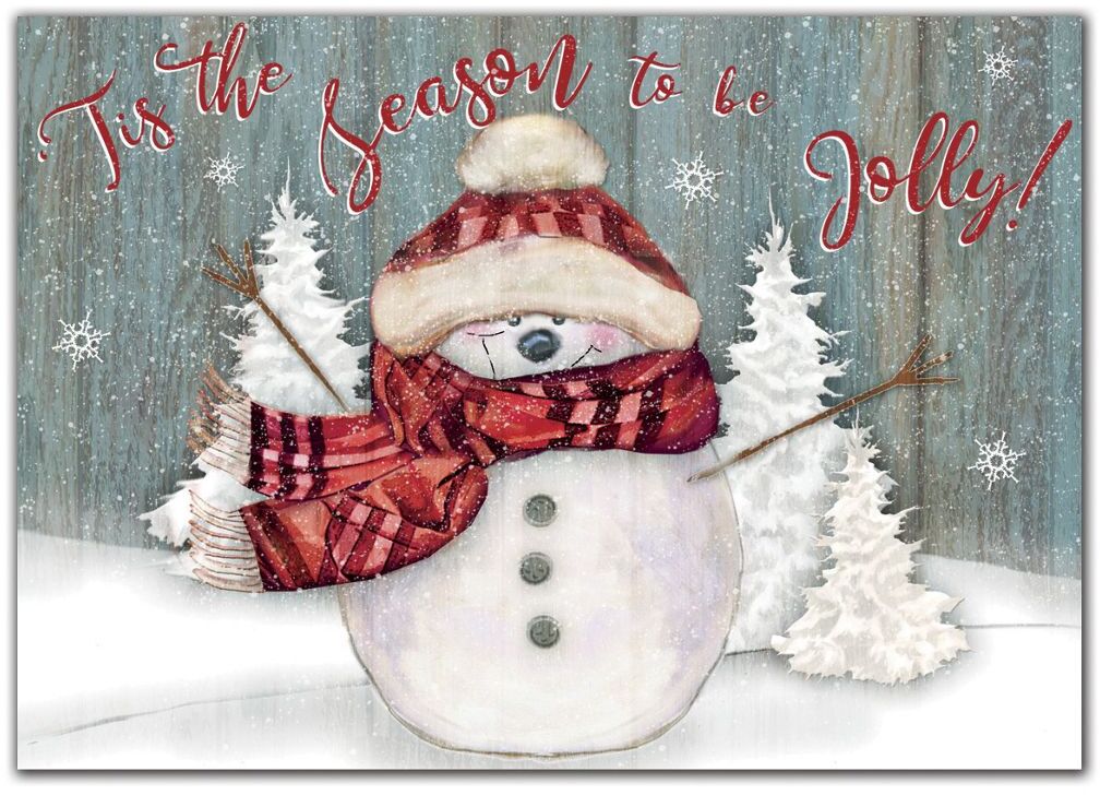 Custom Business Holiday Greeting Cards - Snowman with Red Scarf and Hat