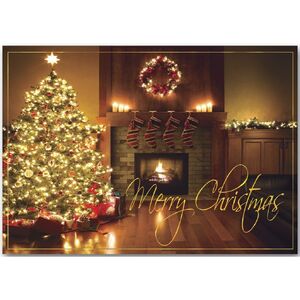 Custom Printed Christmas Cards - Christmas Tree by Fireplace