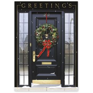 Customized Holiday Cards - Black and Gold Door with Wreath