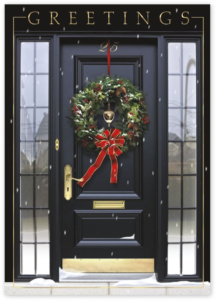 Customized Holiday Cards - Black and Gold Door with Wreath