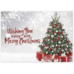 Custom Business Christmas Cards with Decorated Tree and Red/White Gifts