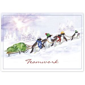 Custom Business Teamwork Holiday Cards - Penguins Pulling Sleigh