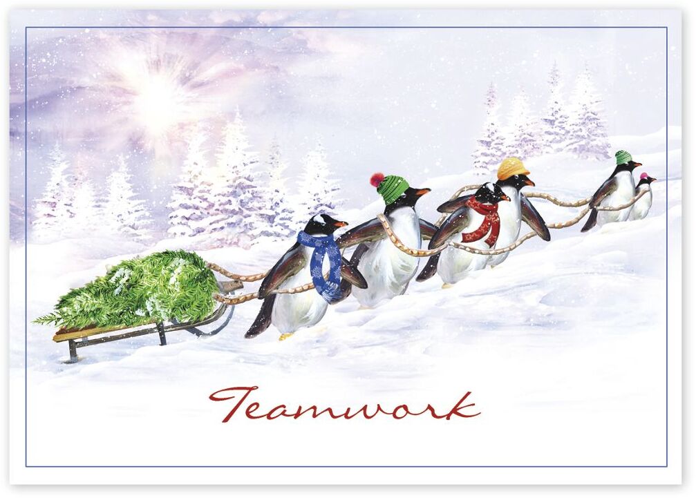 Custom Business Teamwork Holiday Cards - Penguins Pulling Sleigh