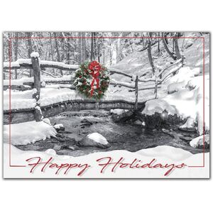 Custom Holiday Cards - Wreath on Snow-Covered Bridge by River