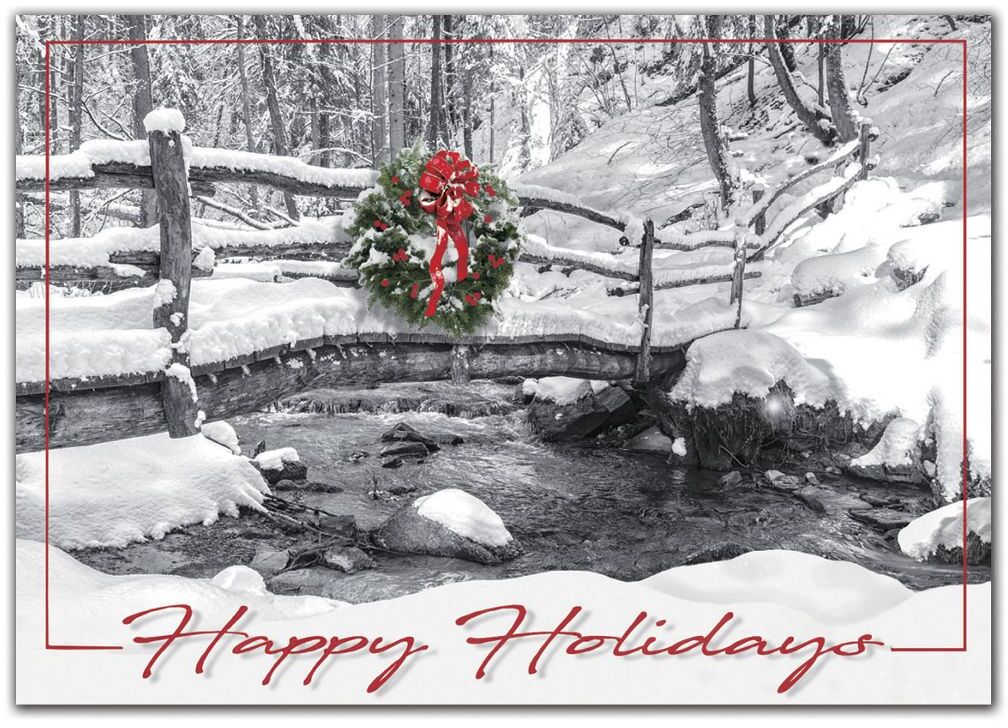 Custom Holiday Cards - Wreath on Snow-Covered Bridge by River