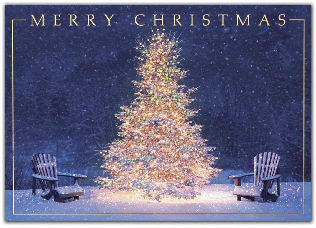 Custom Printed Christmas Cards with 2 Adirondack Chairs and Decorated Tree