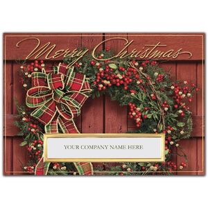 Custom Business Christmas Cards - Wreath with Red, Green and Gold Bow