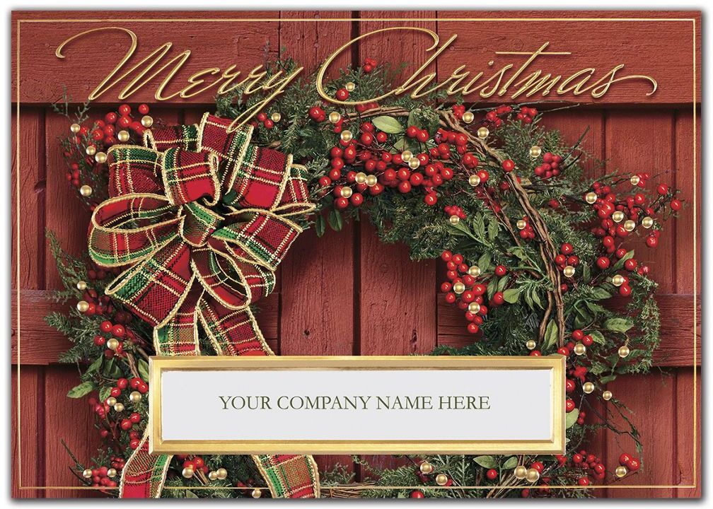 Custom Business Christmas Cards - Wreath with Red, Green and Gold Bow