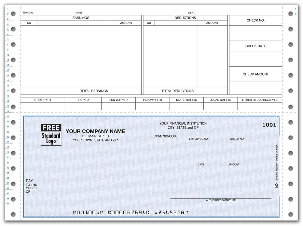 Continuous Payroll Check with Earnings and Deductions Section