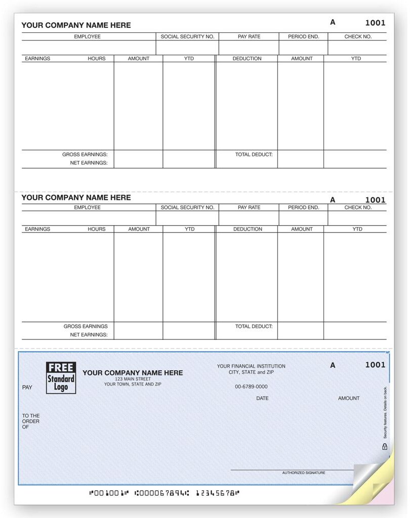 Custom Printed Laser Payroll Checks, Bottom Check, Detailed Columns