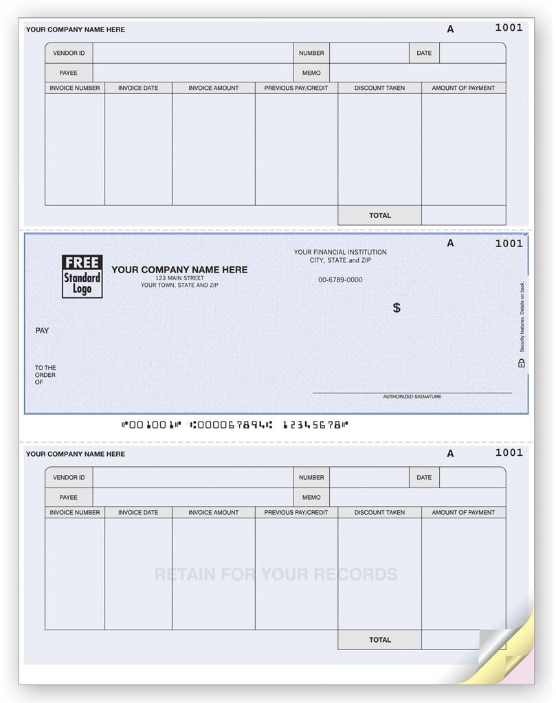 Accounts Payable Middle Checks with Stubs for Record Keeping