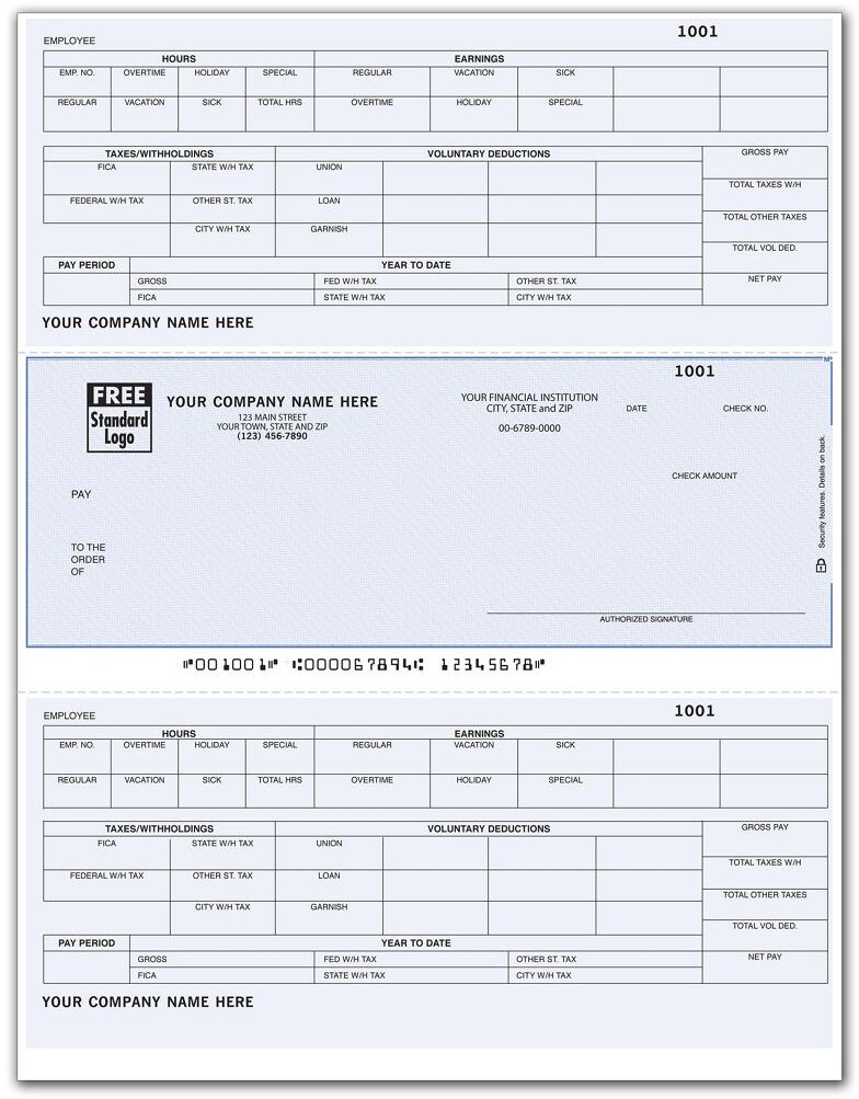 Custom Printed Payroll Checks with Detailed Hours, Vacation, Overtime and Taxes Paid