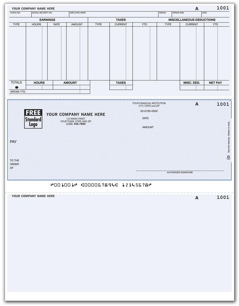 Business Payroll Checks with Detachable Stubs, Detailed Column with Decimals