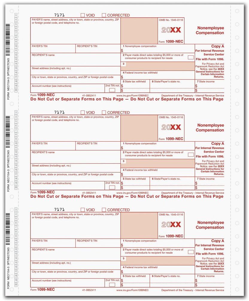 1099 Tax Forms NEC, 3-Part, 1-Wide, Carbonless Format