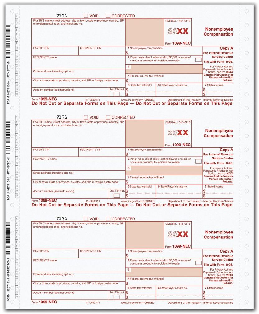 1099-NEC Tax Forms, Quadruplicate Format, on Carbonless Paper