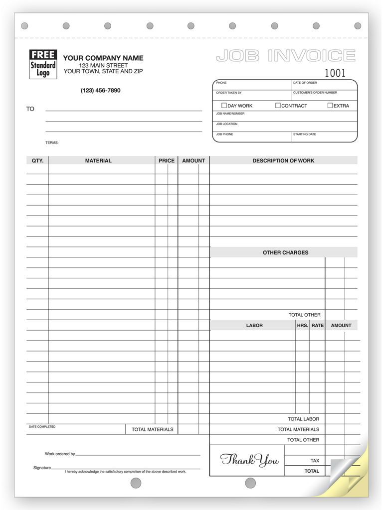 Custom Printed Carbonless Job Invoices