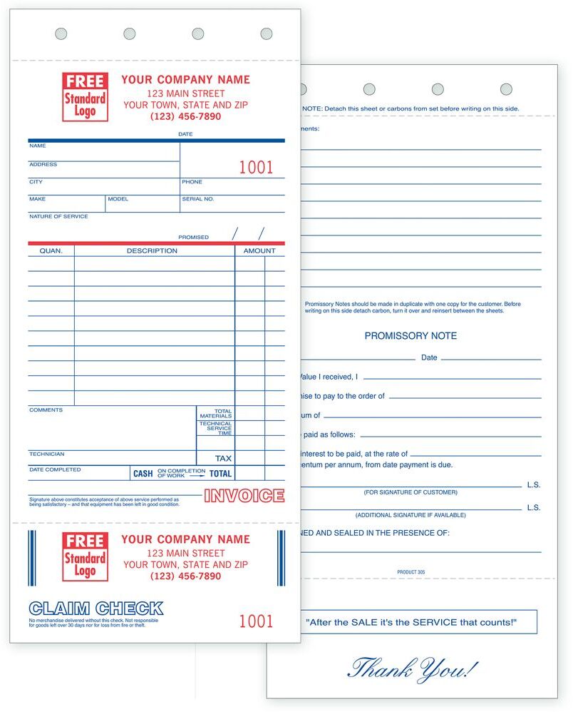 Custom Printed Service Order Forms with Claim Check and Promissory Note