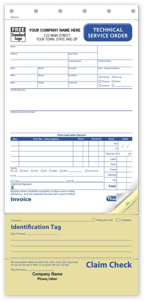 Technical Service Orders with Copies, Custom Printed on Carbonless Paper