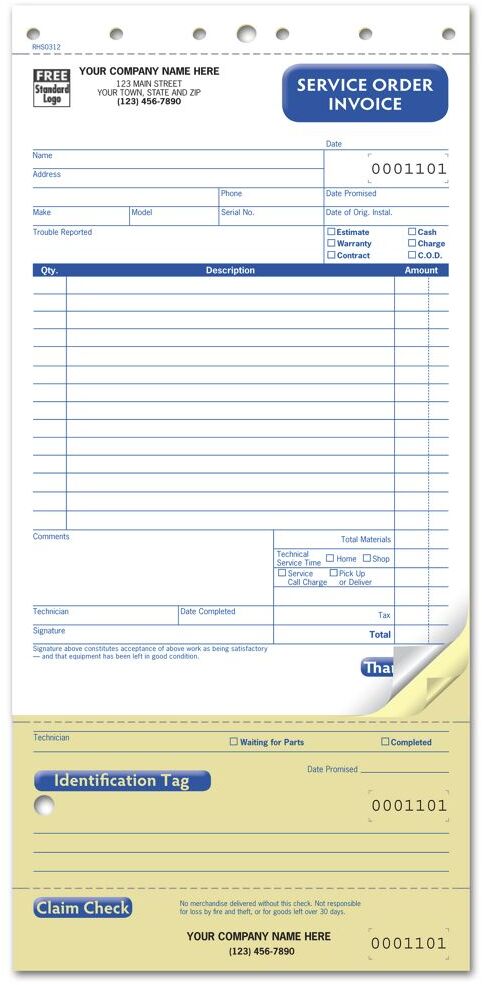 Compact Service Order Forms, Custom Printed with Tag and Claim Check