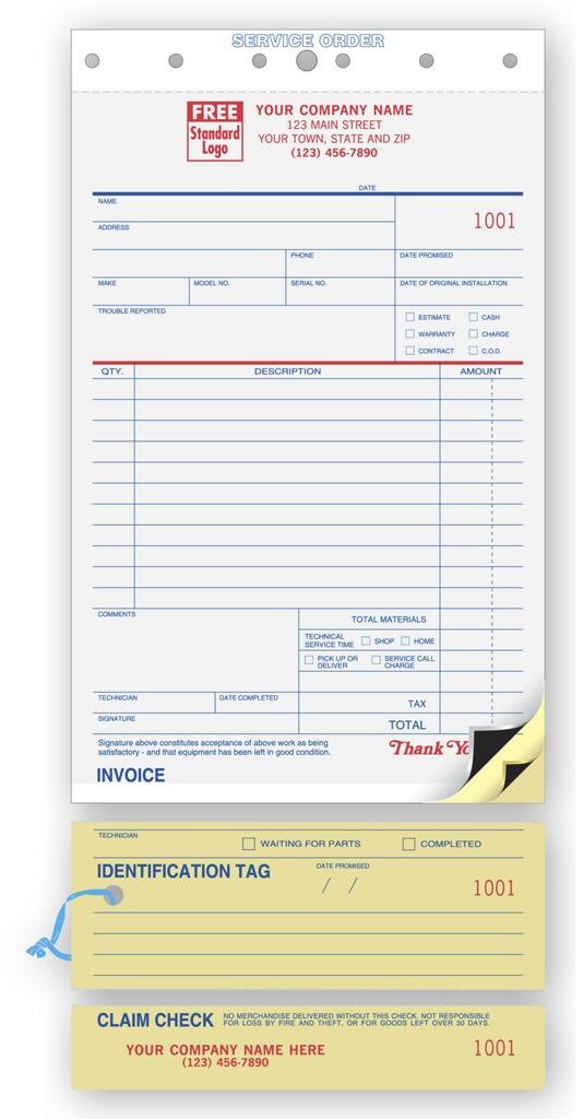 312 - Carbon Copy Service Orders with Identification Tag and Claim Check