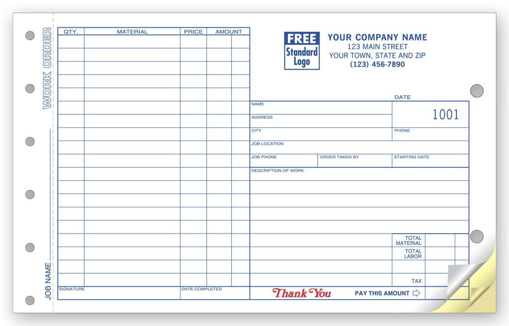 213 - Carbonless Work Orders, Side Stub