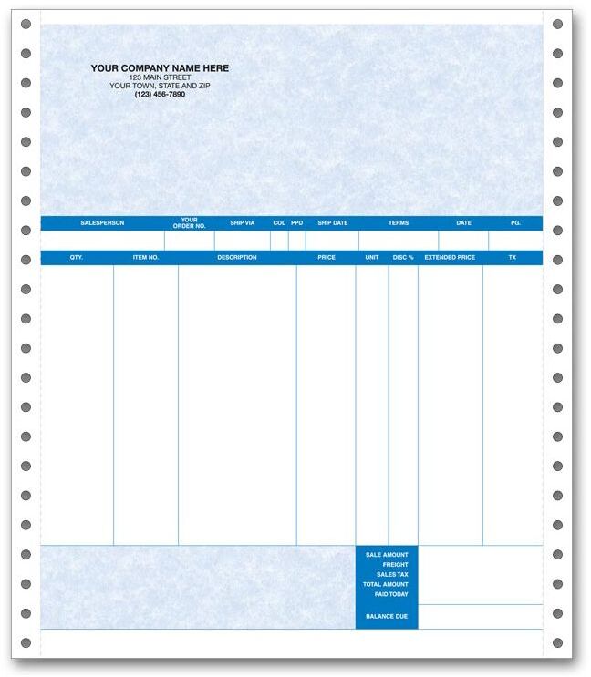 Continuous Invoice in Triplicate Format, for use with Continuous Printers