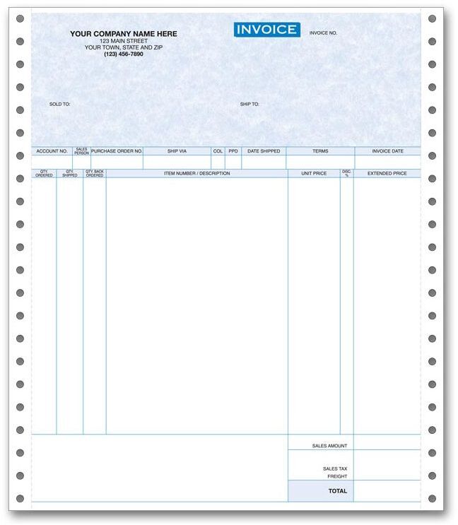 13386G - Computer Invoices with 7 Columns for Use with Pin Fed Printers