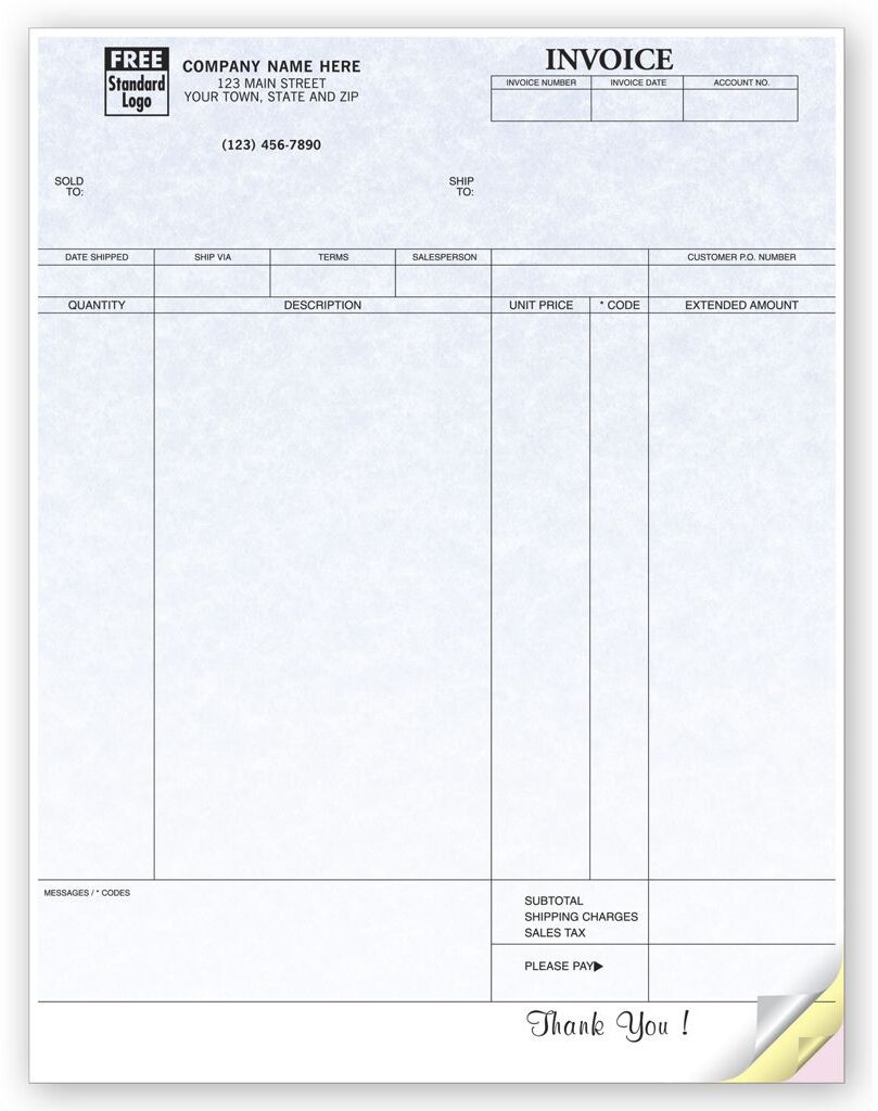 Custom Printed Laser Invoices with Unit Price Column