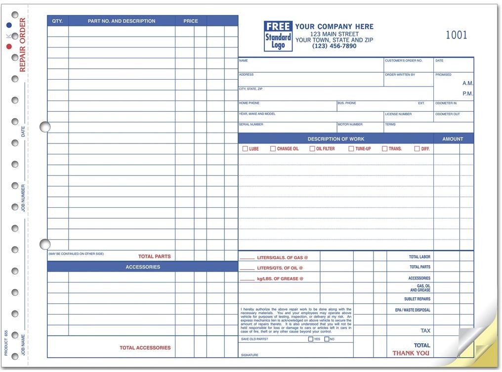 655 - Carbon Copy Auto Repair Order Forms