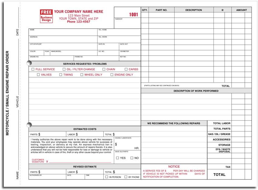 6510 - Carbon Copy Motorcycle Engine Repair Orders