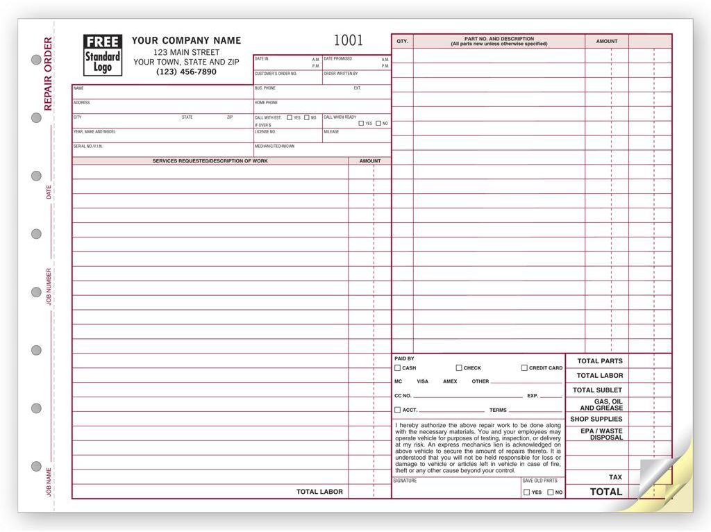 Auto Repair Order Forms, Carbonless