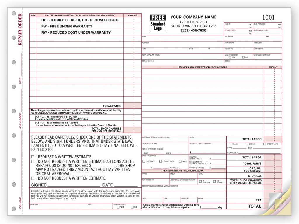 6585 - Florida Auto Repair Order Forms