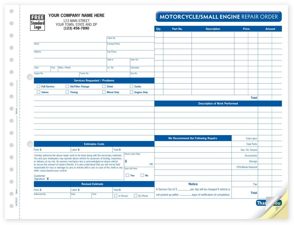 Motorcycle Repair Order Forms